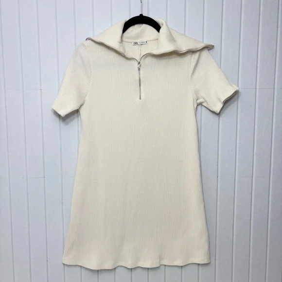 ZARA Sweater Dress Ivory Short Sleeves Quarter Zip Ribbed Knit Size Size M - Picture 1 of 11